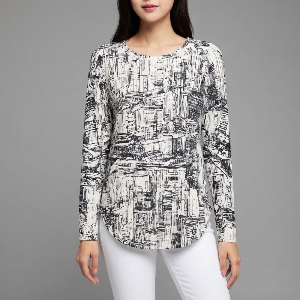 Karen Kane Abstract Print Long Sleeve Top Black White Lightweight Size XS